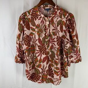 Democracy Blouse Womens Medium Pink Tropical Leaf Ruffle 3/4 Sleeve B72791G3E